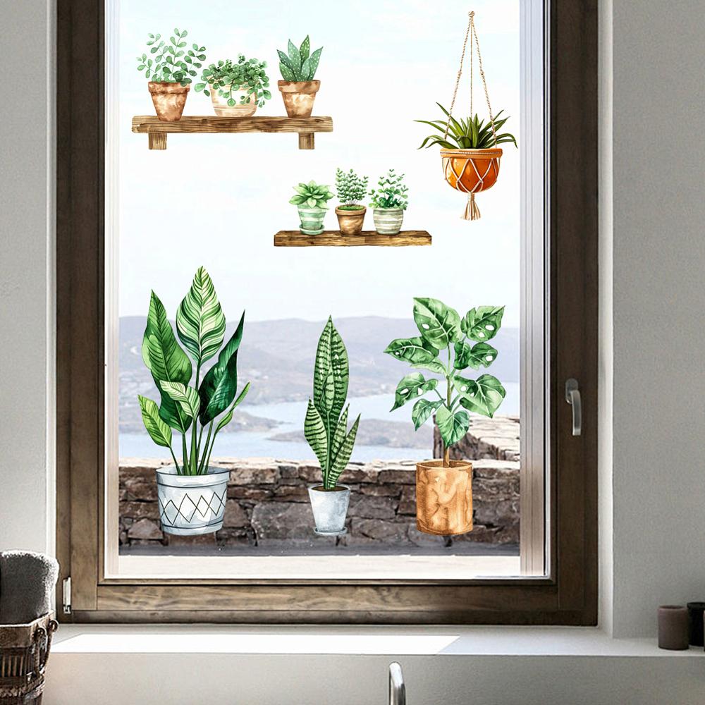 1set PVC Window Static Stickers Rectangle for Window Decoration Cactus 200x300mm 6pcs/set