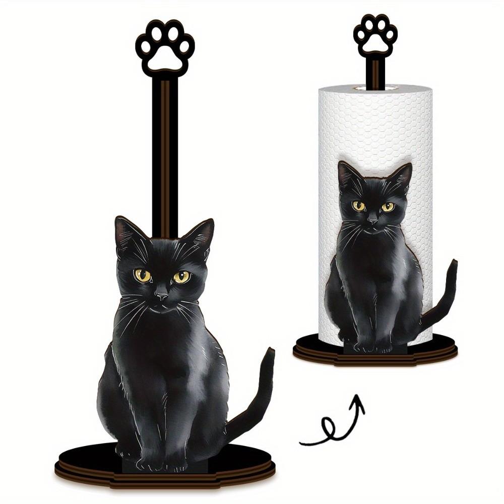 Cling Film Roll Wooden Tissue Holder Black Cat Shape Toilet Paper Holder Storage Rack Kitchen Use