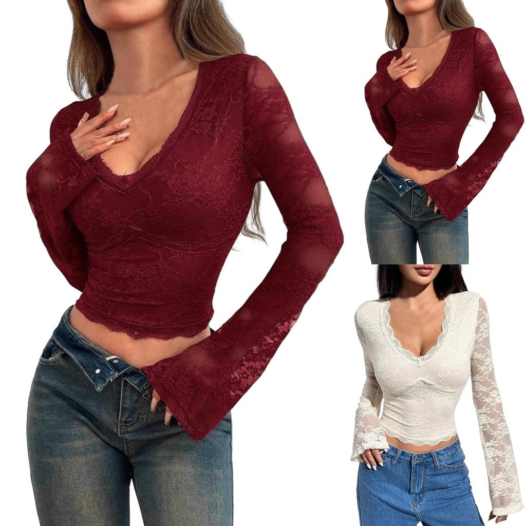 Women Lady Long Sleeve Lace Stitching Blouse Tunics Tops Shirts