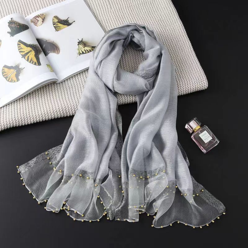 Новый шарф для женщин, тонкий, с бисером, однотонный, шаль, шарф из марли с золотой нитью, персонализированный, шарф из искусственного шелка, весна и осень