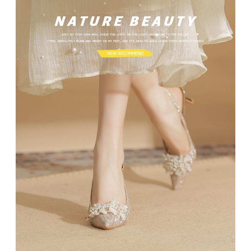 7520-3 [овчина] туфли на высоком каблуке женские тонкий каблук 2025 новый заостренный хрустальные свадебные туфли сумка голова жемчужные сандалии