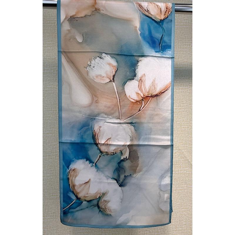 Oil painting magnolia thin silk crepe de chine scarf long scarf 100% mulberry silk summer sunscreen