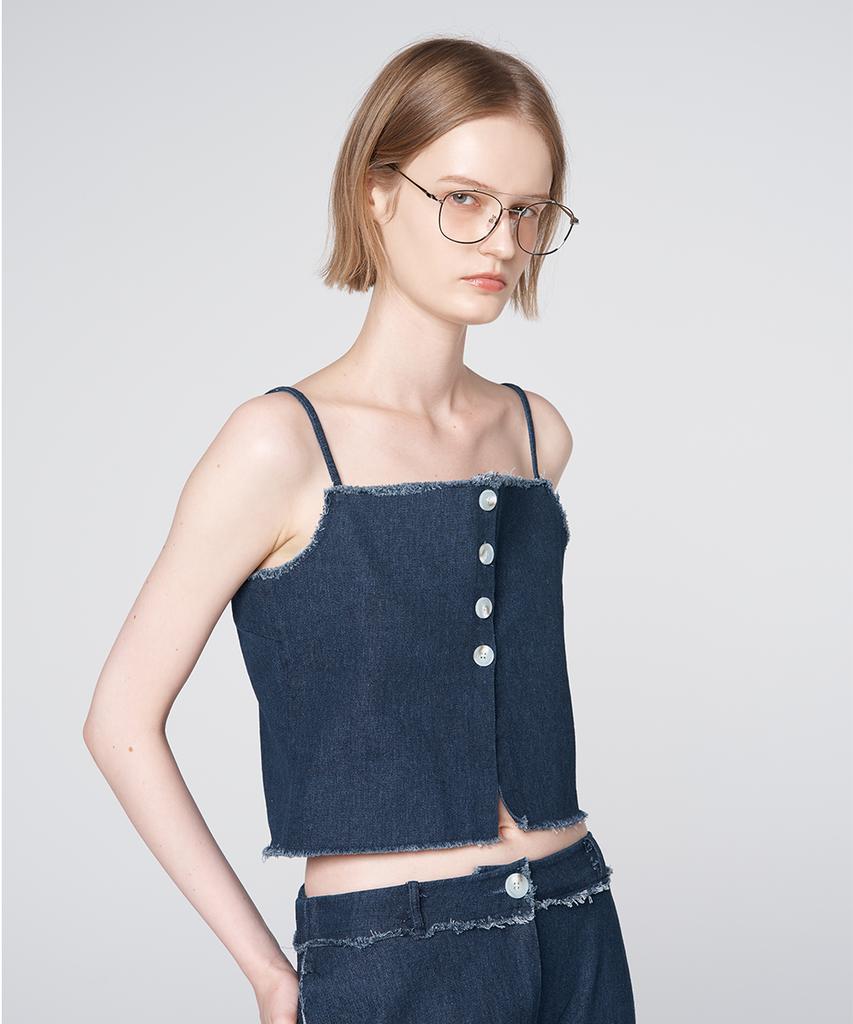 320SHOWROOM Reversible Button Denim Crop Sleeveless Top Deep Blue