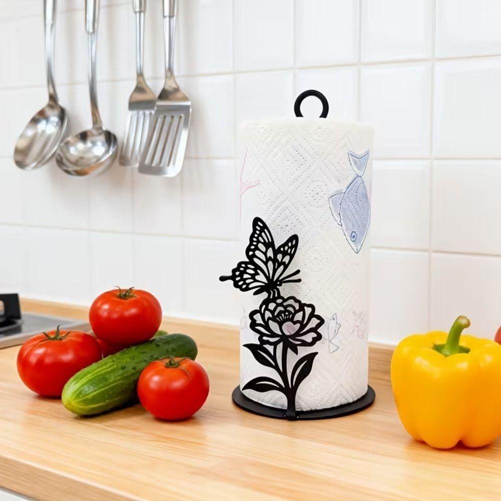 2D Flat Butterfly Napkin Holder Free Standing Decorative Roll Paper Towel Holder Wooden Base Paper Towel Rack Dining Table