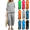 Женский однотонный повседневный хлопковый льняной комплект с рукавами 3/4 и круглым вырезом, топ и брюки