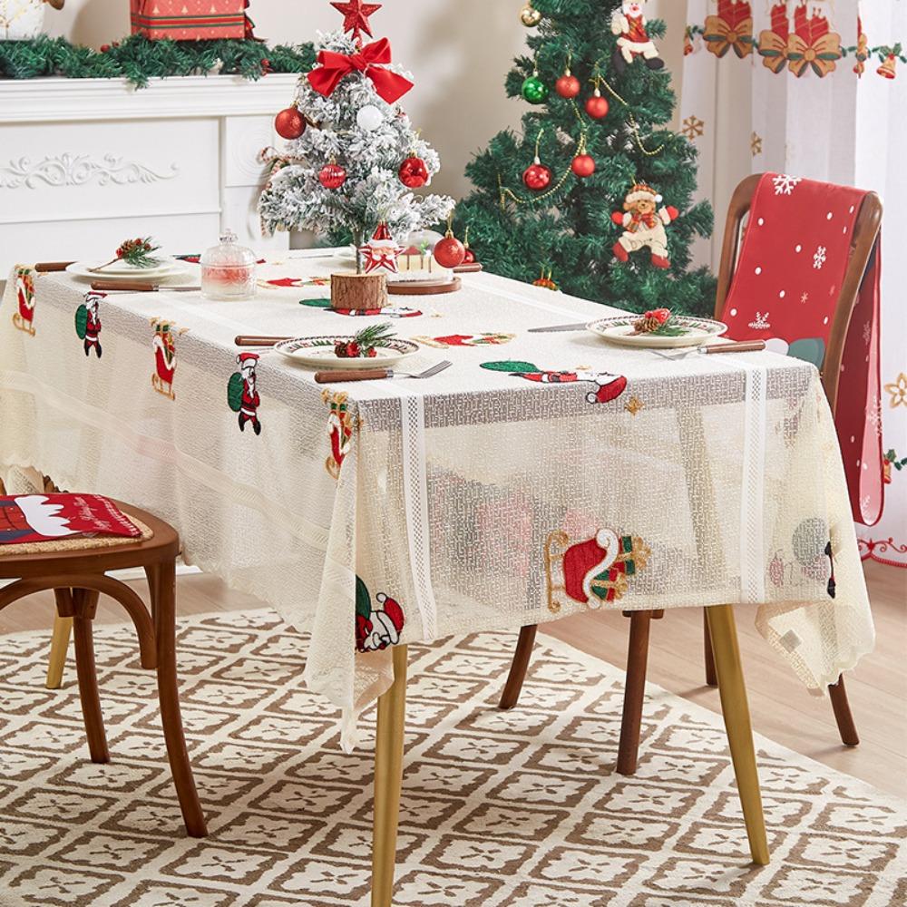 Flower Embroidery Table Cover Beige Table Runner Christmas Lace Tablecloth Table Decorations