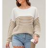 Women's Fashionable Round Neck Striped Knitted Sweater Pullover Sweater Long Sleeved Top