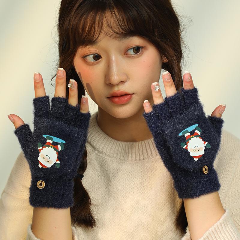 Зимние новые милые мультяшные плюшевые теплые откидные перчатки без пальцев для девочек-студенток, пишущие холодостойкие перчатки с половиной пальцев на Рождество