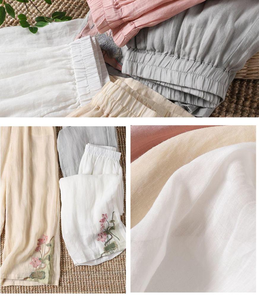 Женские ретро хлопково-льняные широкие брюки с вышивкой 2024 - Летние легкие повседневные брюки длиной до щиколотки.