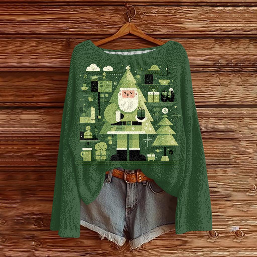 Women's Casual Fashion Round Neck Top Christmas Print Long Sleeve Knit Pullover