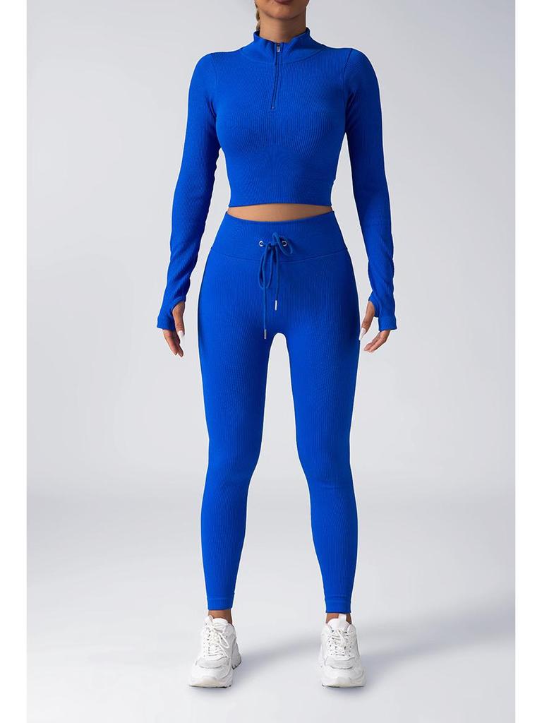 Women's Seamless Fitness Yoga Set: Zipper Long-Sleeve Top & Drawstring Hip-Lifting Trousers