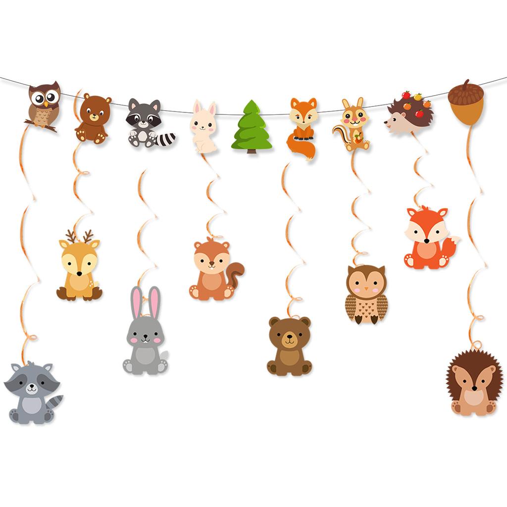 Mori Small Animal Birthday Flag Latte Flower Spiral Pendant Set Fox Hedgehog Birthday Banner