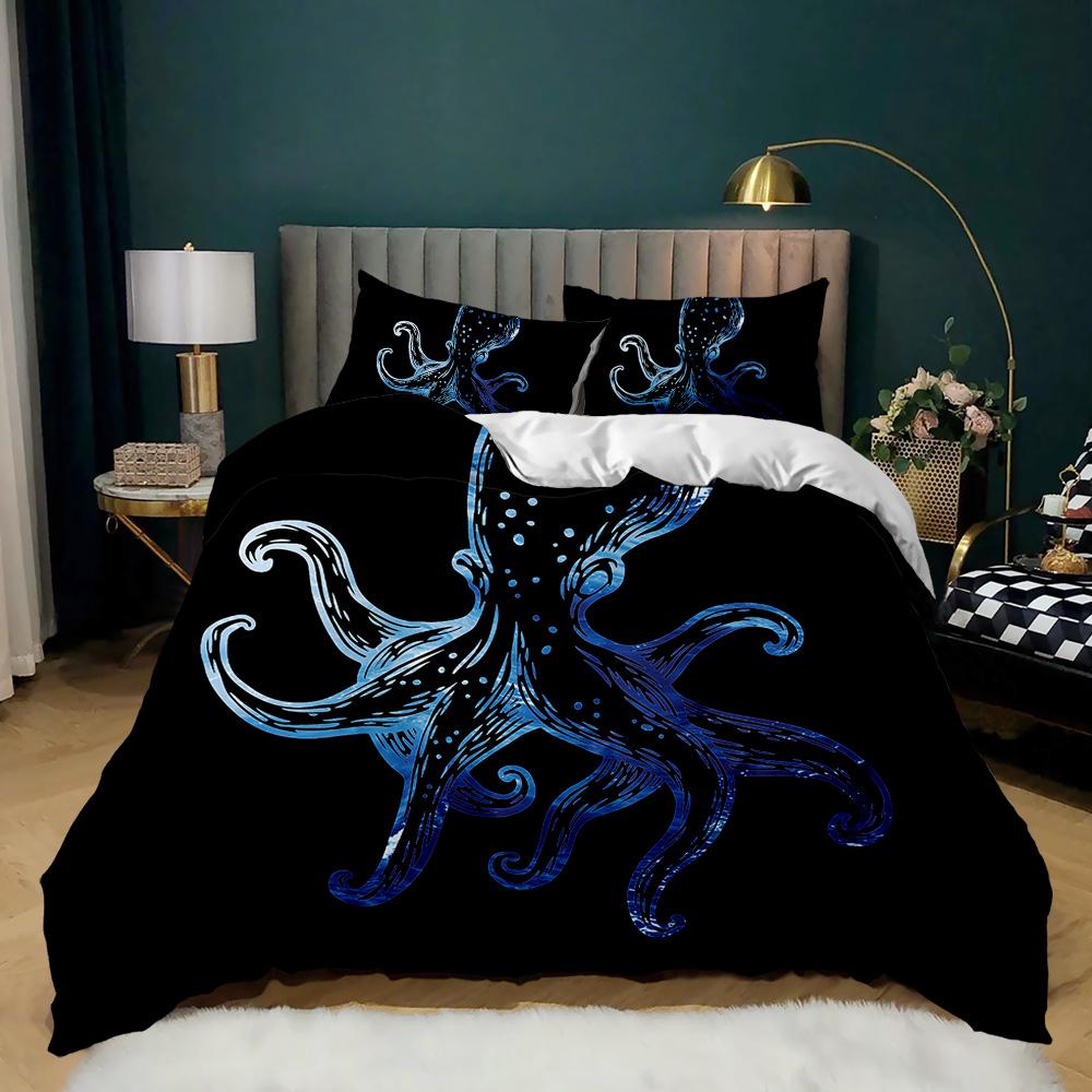 Cartoon Octopus Duvet Cover Set King Queen Size Sea Animal Bedding Set Red Blue 3D Print Microfiber Polyester Comforter Cover