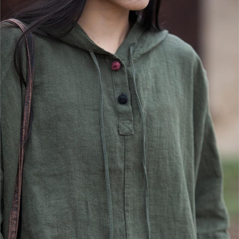 Johnature Women Vintage Ramie Hooded Top Half Sleeve Solid Color Tees Summer Loose Pockets Button Women T-shirts