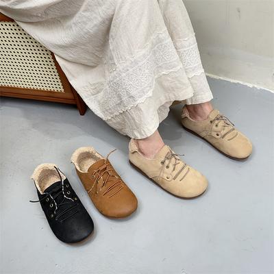 Женские туфли с круглым носком в стиле ретро из натуральной кожи с плюшевой отделкой, теплые, повседневные туфли без застежек