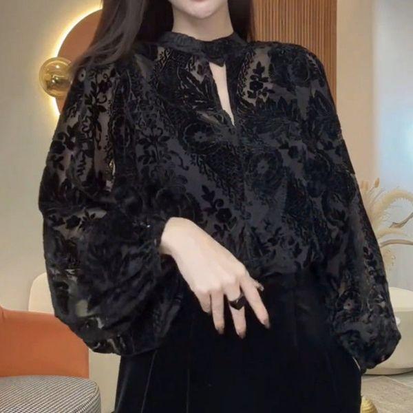 Women's High-end Temperament Hollowed Out Mesh Splicing Flocking and Anti-aging Top Lace Long Sleeved Shirt