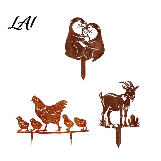 Farmhouse Lawn Ornaments Rusty Animal Garden Yard Art Hen/Chicken/Goat/Deer Stakes Metal Silhouette Decor for Weather Resistant Patio Flower