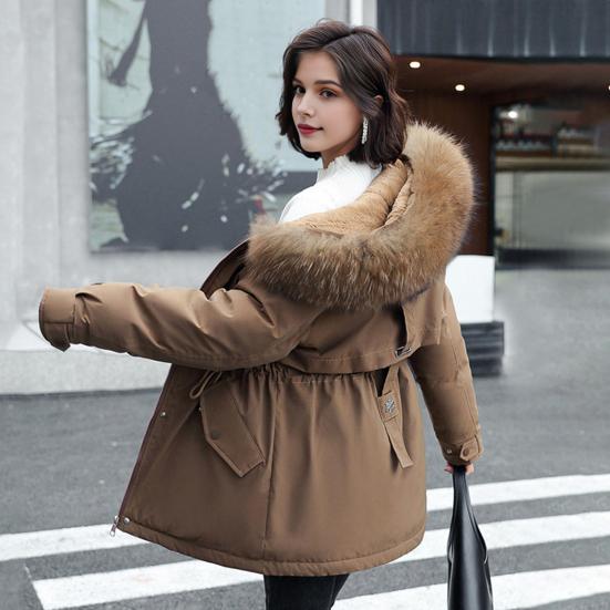 Winter Women Jacket Furry Hood Long Sleeves Drawstring Waist Pockets Zipper And Button Closure Windbreaker Mid Length Solid Color Windproof Warm Coat