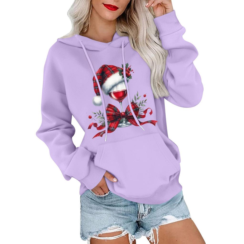 Women's Casual Comfortable Neck Hooded Long Sleeve Christmas Print Warm Sweatshirt