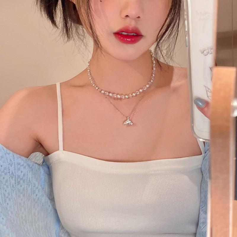 Double-Layer Rose Zircon Sweater Necklace: Elegant Summer Clavicle Chain, Women's Light Luxury High-End Accessory.