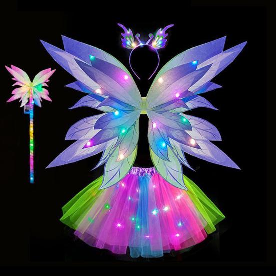 Костюм феи со светодиодными крыльями бабочки для девочек, светящаяся юбка из тюля, повязка на голову, подарок на вечеринку в стиле косплея, рождественский наряд