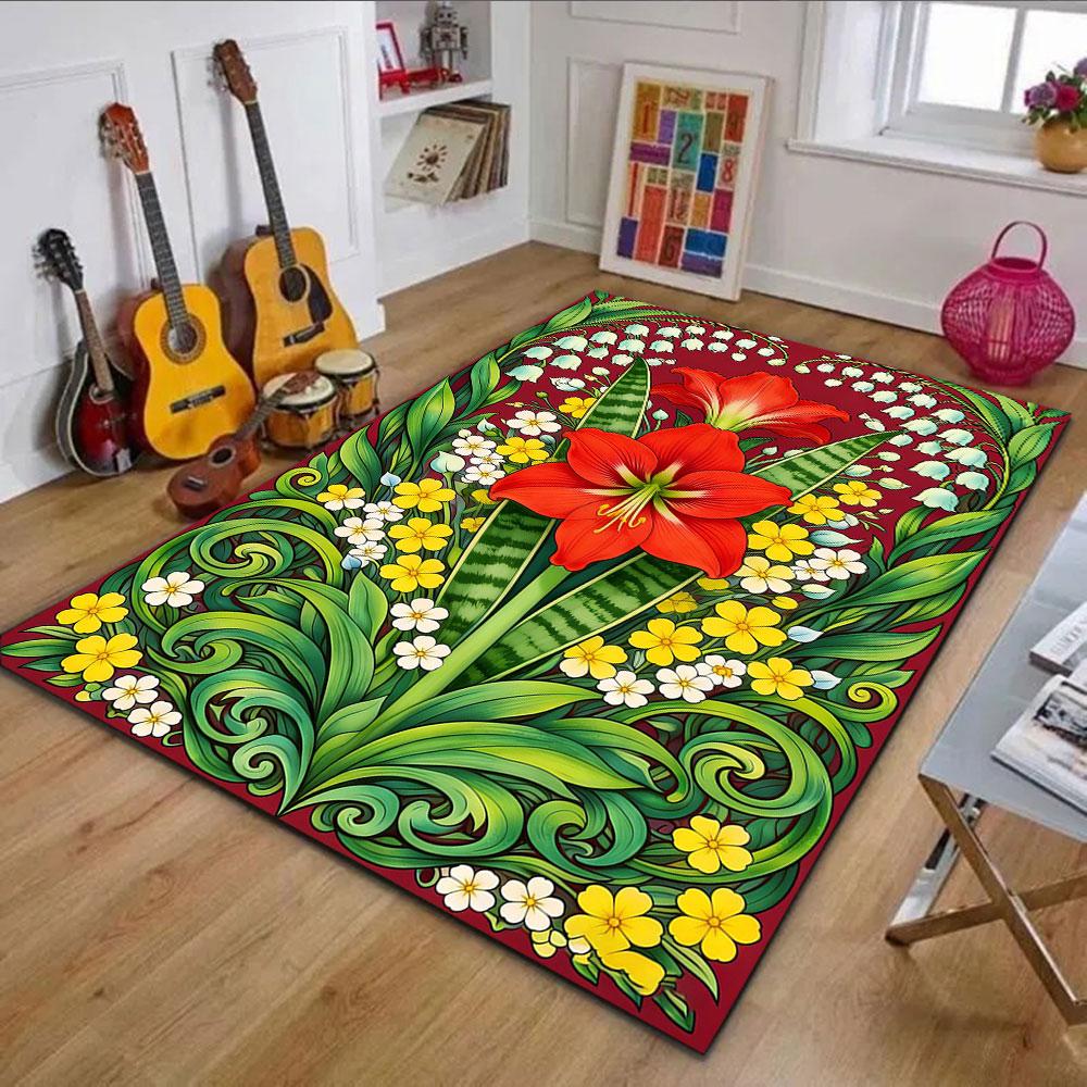 Red Lily and Floral Pattern Carpet Design Patterned carpet, non slip mat suitable for living room and bedroom sofas