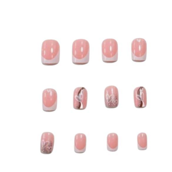 24-Piece Valentine's Day Short Square Nails with Gold Lines and Heart Design