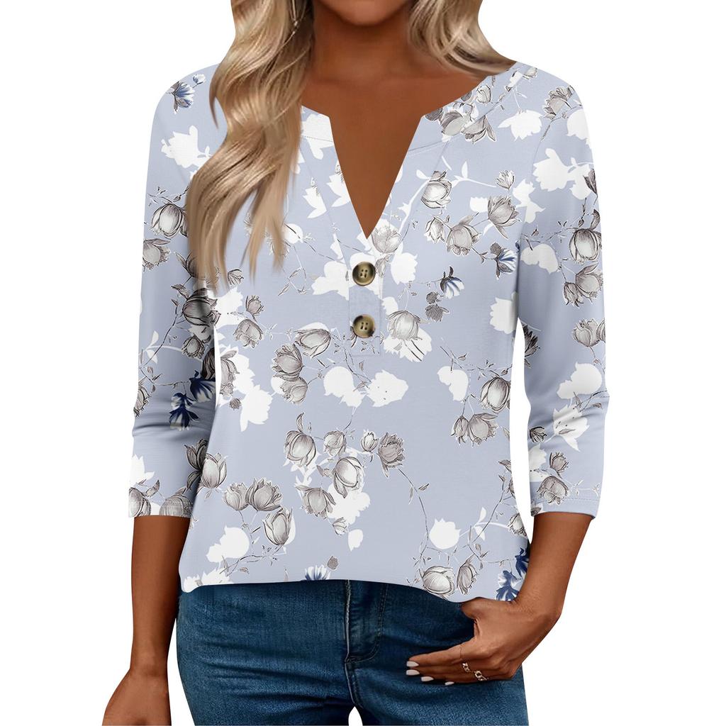 Женские топы с рукавом 3/4 для женщин, топы хенли на пуговицах с V-образным вырезом, нарядные летние женские топы свободного кроя