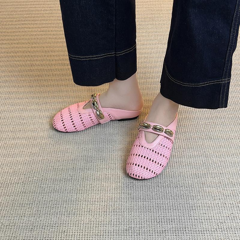 Relaxation summer flat-bottomed cool slippers women's bag head retro woven hollow light luxury style one pedal outside wearing sandals women