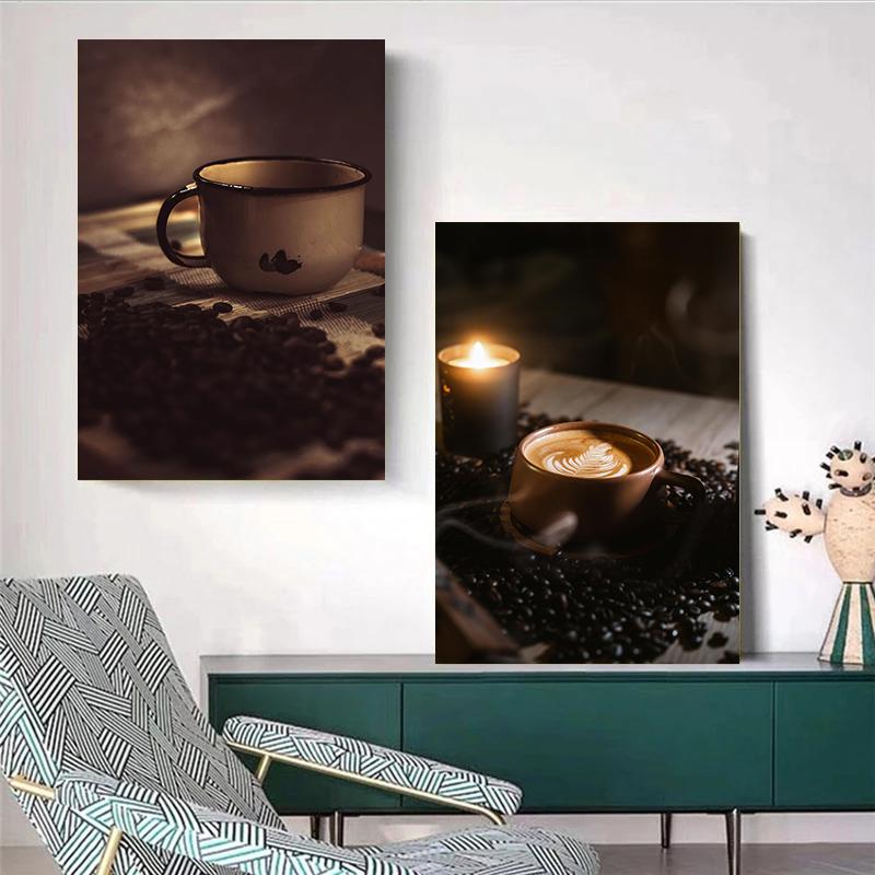 Плакаты с фотографиями кофейной чашки и зерен, Вкусный кофе, Латте, Принты для завтрака, Холст, Живопись, Настенное искусство, Картина, Декор для дома, комнаты