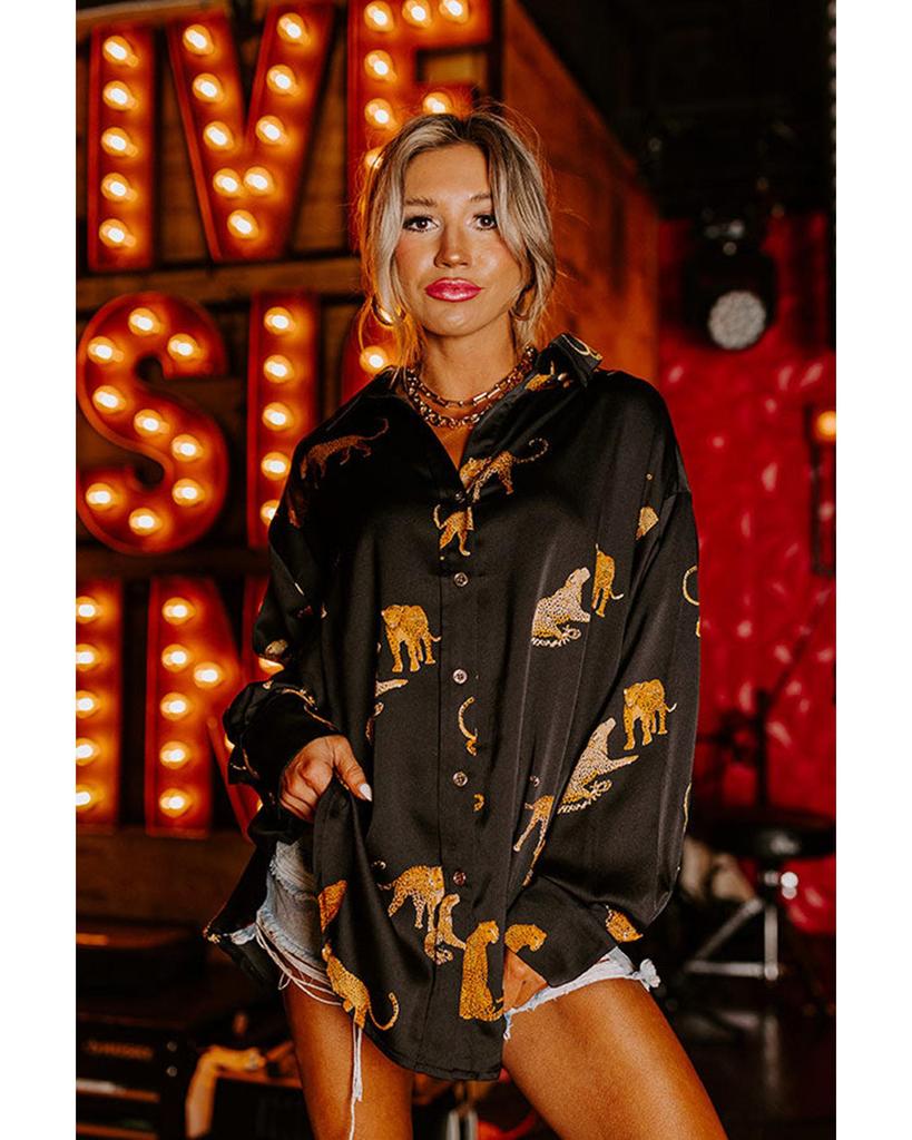 Azura Exchange Black Cheetah Animal Print Button Up Satin Shirt