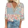 Женская рубашка-блузка Повседневные свободные рубашки с рукавами 3/4 и кружевной отделкой Топы с v-образным вырезом и принтом Топы с принтом Футболки Футболки