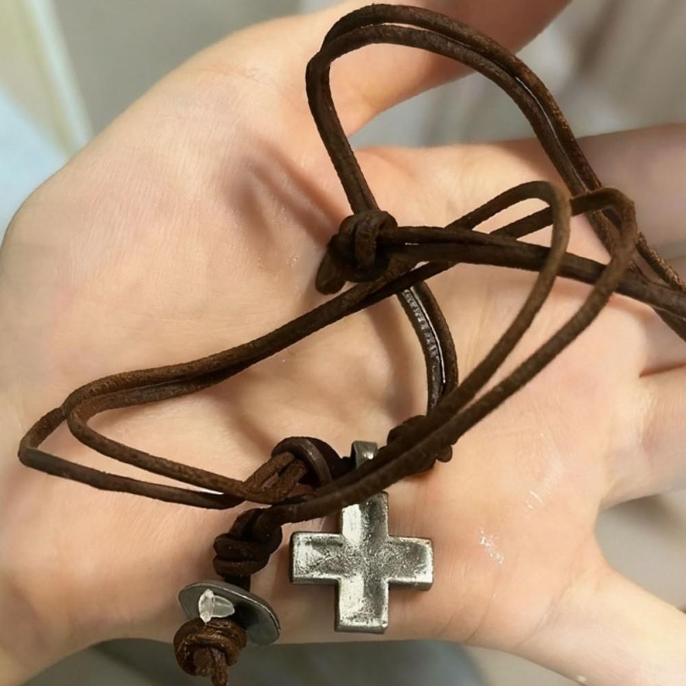 Handmade Craft Rope Leather Necklace Simple Braided Cross Necklace Cross Pendant Necklace  Gifts