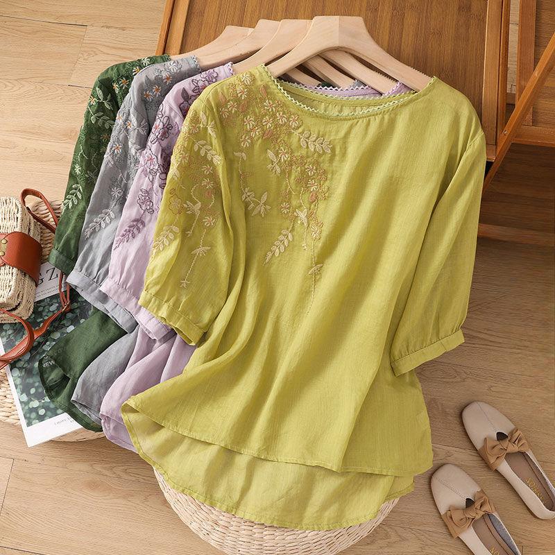 Большая ретро-художественная хлопковая льняная вышитая футболка для женщин на лето, свободный утягивающий топ с короткими рукавами и круглым вырезом