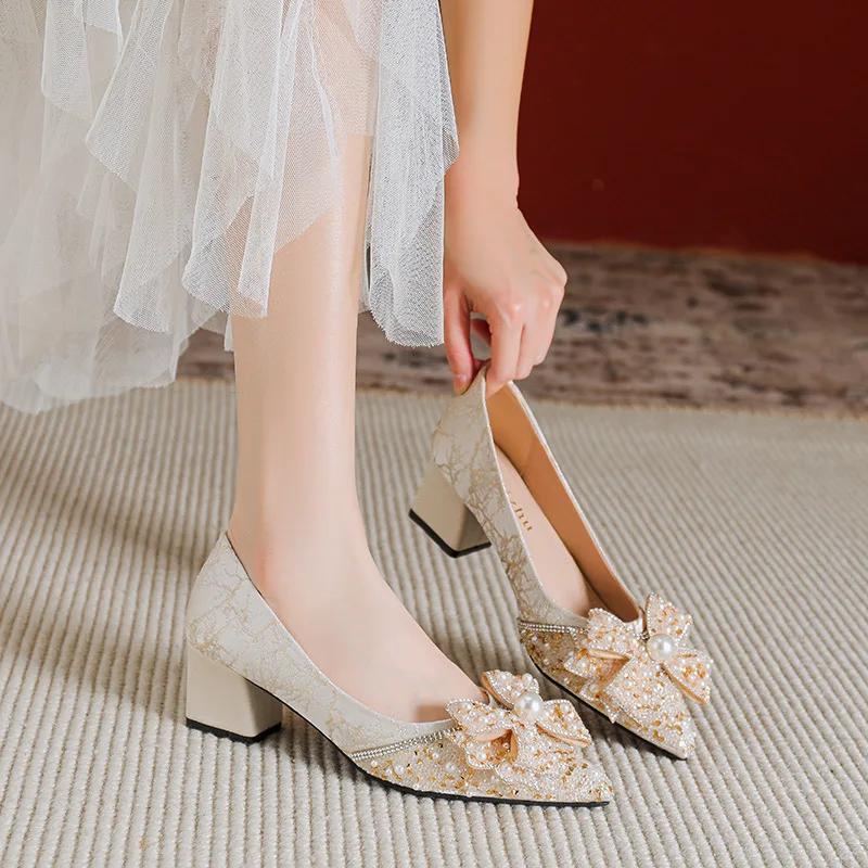 Новые Дизайнерские Женские Туфли-Лодочки Красивый Хрустальный Бант Туфли на Высоких Каблуках Туфли для Вечернего Платья
