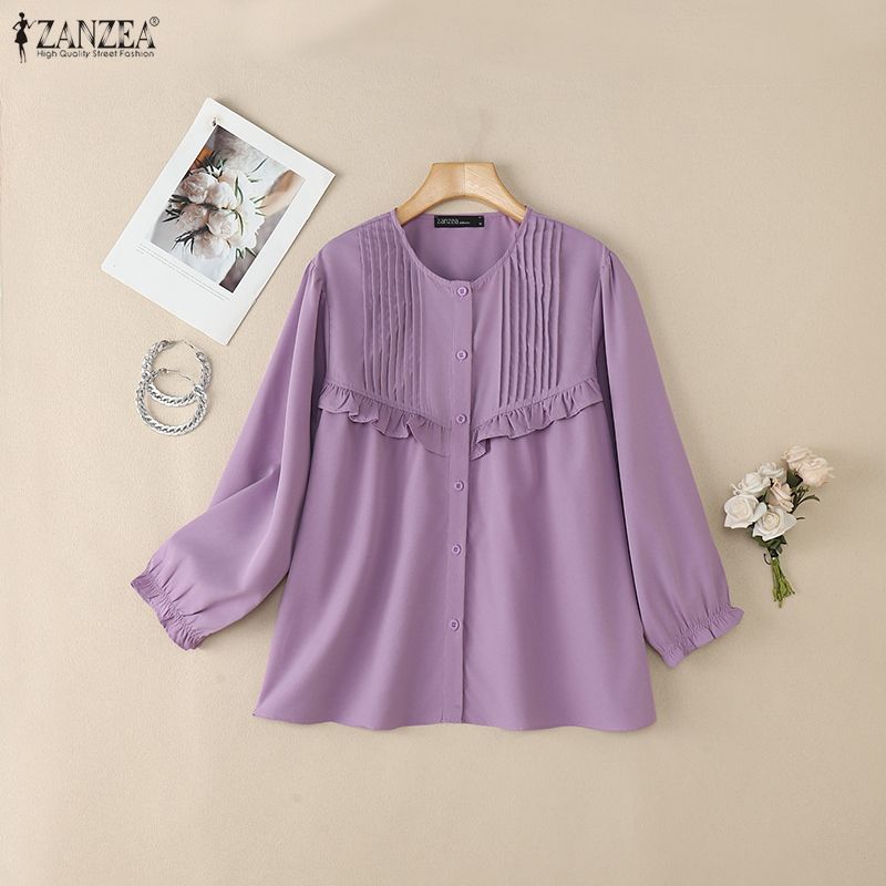 ZANZEA Женская повседневная однотонная блузка с круглым вырезом и длинным рукавом