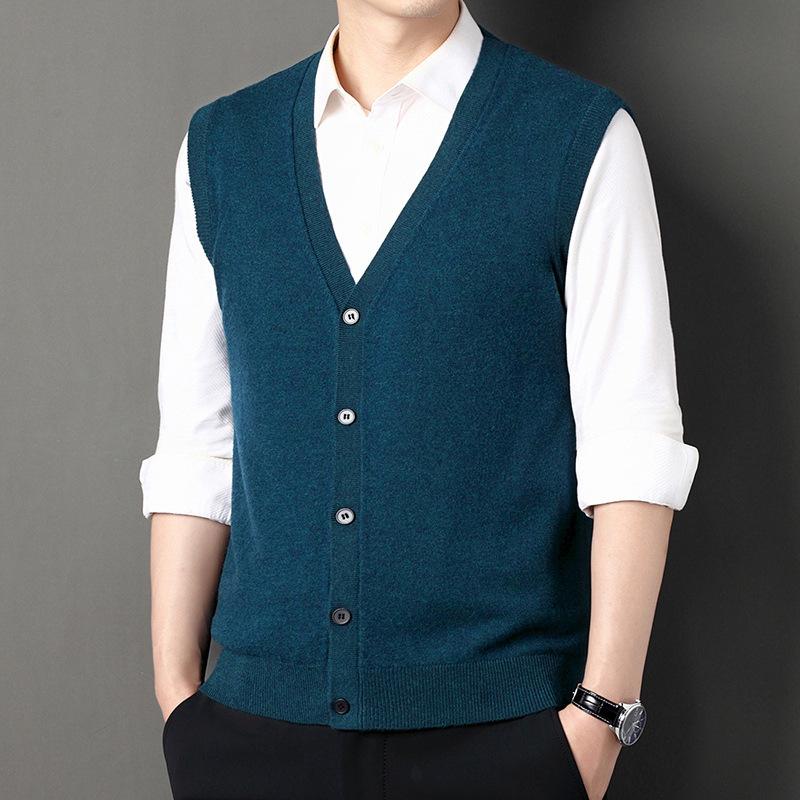 Мужской шерстяной жилет, осенне-зимняя мода, повседневный однотонный мужской кардиган без рукавов с V-образным вырезом, жилет, свитер для мужчин