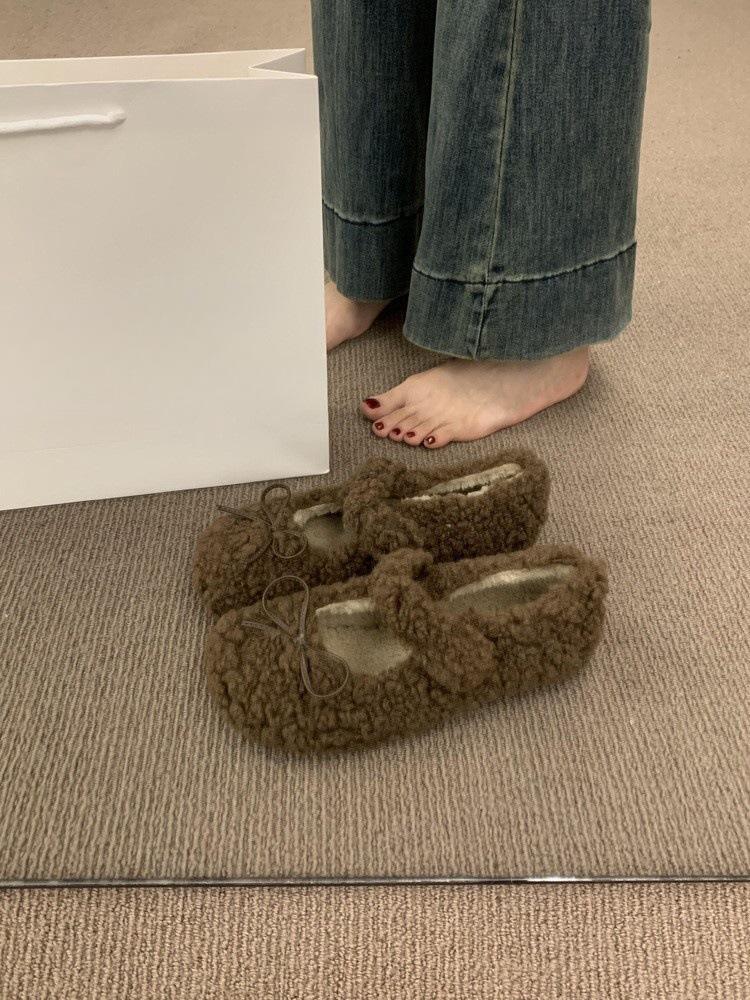 Обувь Mao Mao, женская обувь на осень и зиму 2024 года, новые туфли-лодочки с круглым носком и бантом, универсальные, из бархата и термохлопка, женская обувь