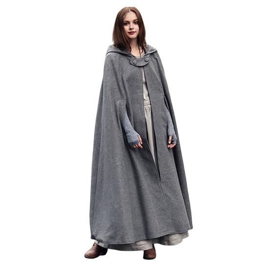 Winter Women Jacket with Hood Medieval Retro Cape Gothic Keep Warm Shawl Ankle Length Loose Cloak Thick Single-Button Closure Poncho Pirate Robe