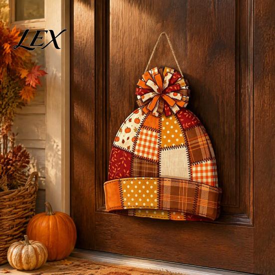 Fall Harvest Door Signs Vintage Patchwork Wooden Hanging Sign, Rustic Country Style Wall Decor Home with Hemp Rope for Fireplace, Autumn Farmhouse