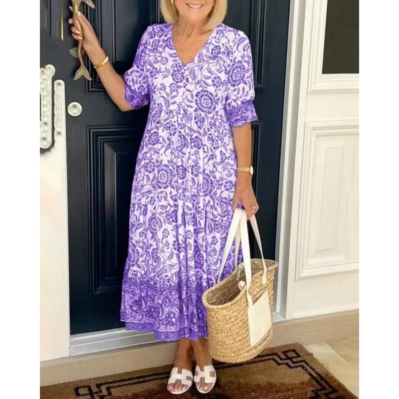 Женское пляжное платье для отпуска на море, супер фея, V-образный вырез, цветочный принт, свободное, универсальное, длинная юбка, большой размер