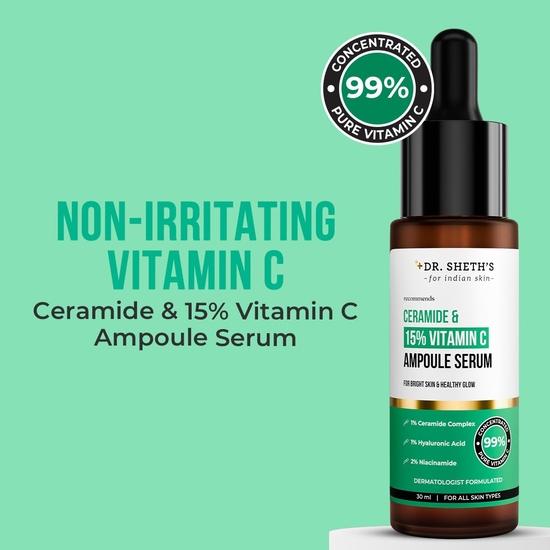 Dr. Sheth's Non-Irritating Ceramide & 15% Vitamin C Ampoule Serum| Reduces Dullness & Dark Spots| Repairs Skin Barrier |All Skin Types |30 Ml