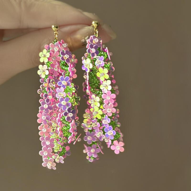 Серьги с бахромой из розовых цветов и пайеток из рисовых бусин, модные преувеличенные персонализированные серьги, серьги класса люкс