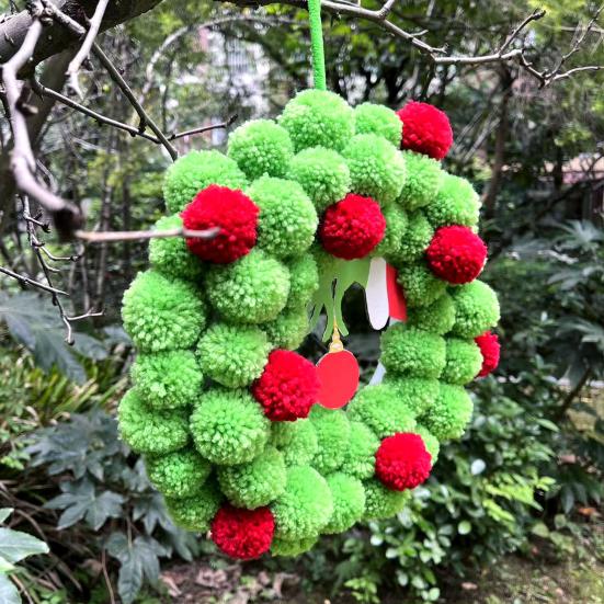 13 Inch Christmas Green Elf Wreath for Front Door Plush Pompom Ball Wreath with Wooden Elf Hand for Winter Wall Window Fireplace Door Tree Decor