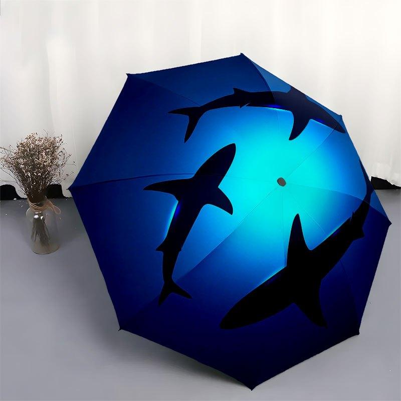 Ocean Blue Shark Silhouette Wall Art Decor Umbrella, Cute Umbrella with Cute Design, Portable 3-Fold Compact Umbrella for Men & Women, Valentine's Day
