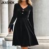 Женские модные весенне-осенние однотонные коктейльные и вечерние платья с длинным рукавом и v-образным вырезом со средней талией