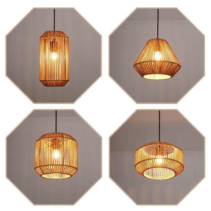 Lampe suspension rotin naturel NETTLIFE 1 lumière, Design bohème chic métal noir, Long, Luminaire E27 pour salle à manger salon