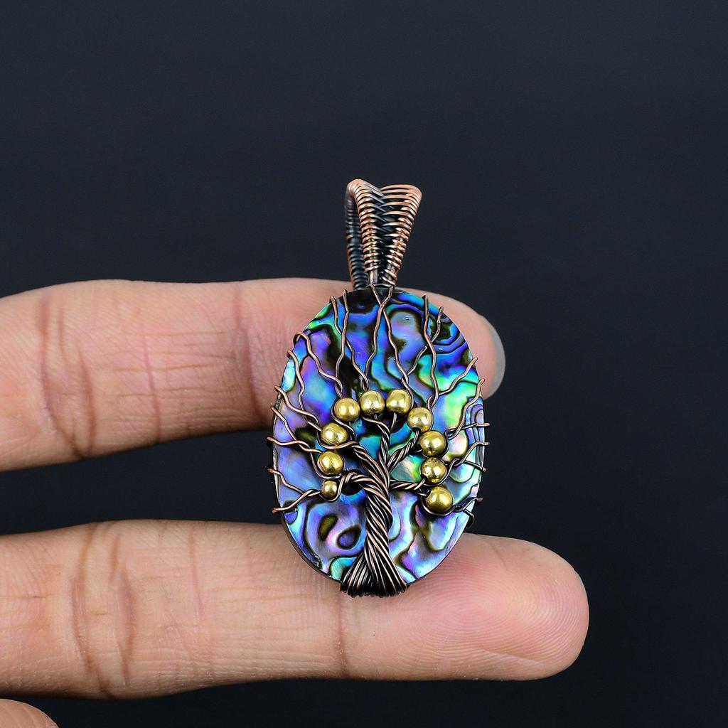 Abalone Shell 999 Copper Wire Wrapped Pendant, Handmade Gemstone Pendant Jewelry, Gifts For Wife Brand New Pendant