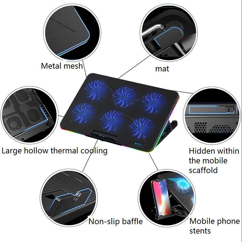 17-дюймовый игровой ноутбук, радиатор-кулер, охлаждающие подставки для ноутбука, шесть вентиляторов, светодиодный экран, два USB-порта, 2100 об/мин, регулируемый RGB-ноутбук