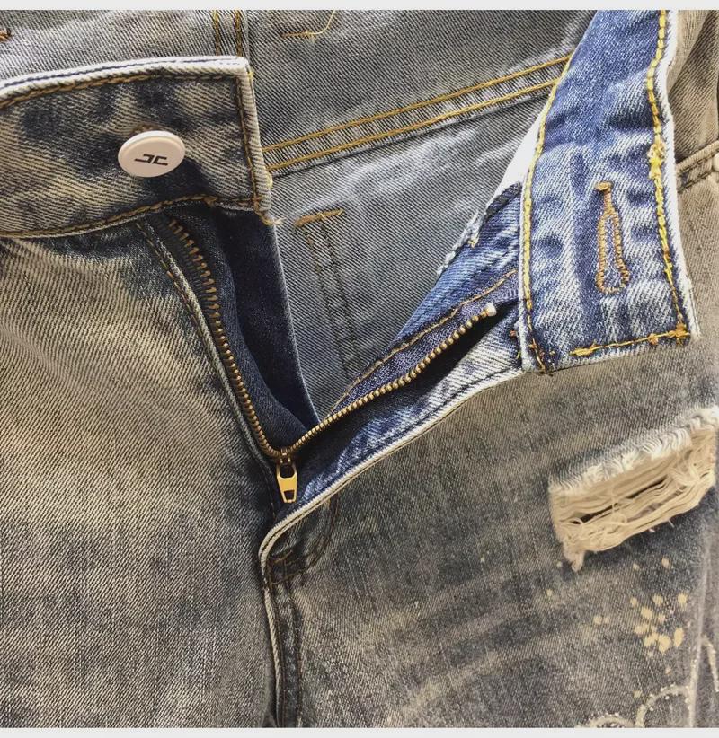 Мужская летняя мода 2024 года: Модные рваные джинсовые брюки Nine-Point